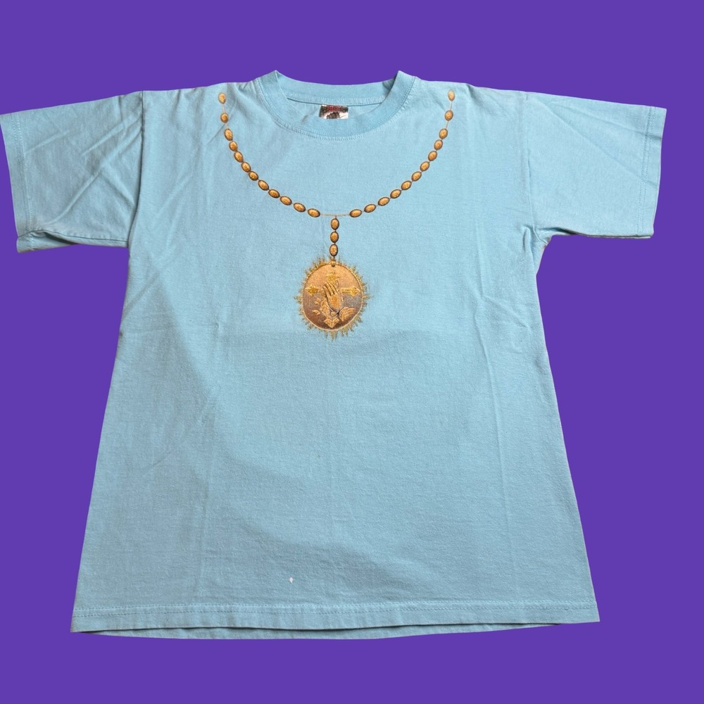 Virgen de Guadalupe T Shirt Womens Blue Religious Virgin Mary Two Sided